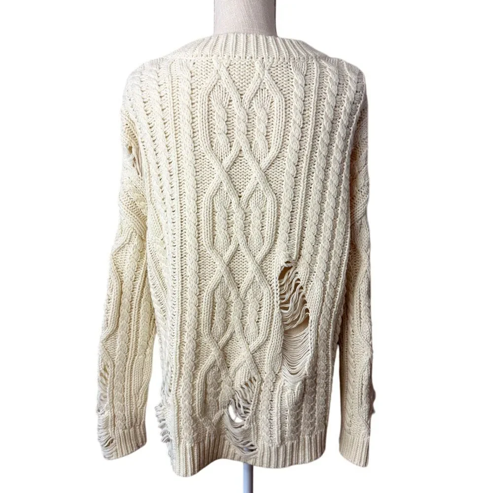 Revolve JOA Distressed Cable Knit Sweater Womens S Cream Oversized Pullover Edgy